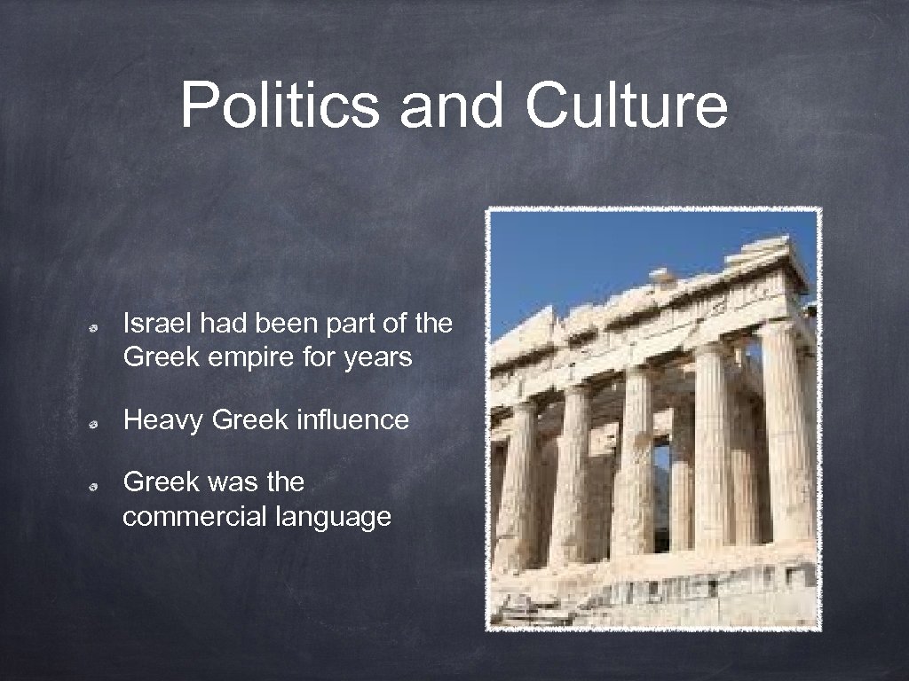 Politics and Culture Israel had been part of the Greek empire for years Heavy
