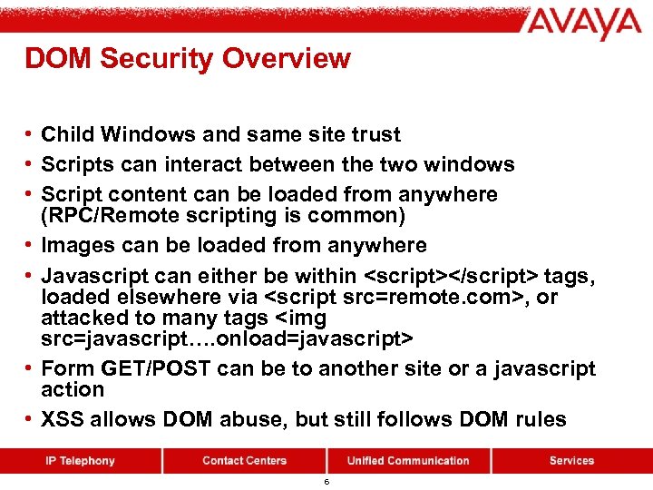 DOM Security Overview • Child Windows and same site trust • Scripts can interact