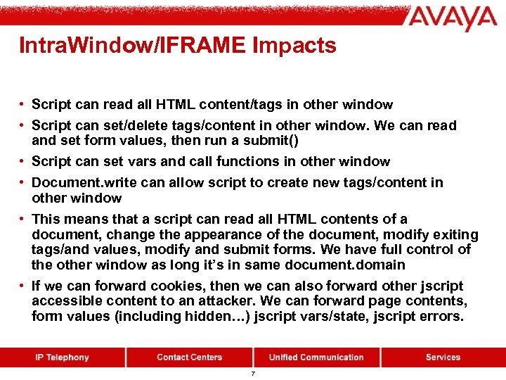 Intra. Window/IFRAME Impacts • Script can read all HTML content/tags in other window •