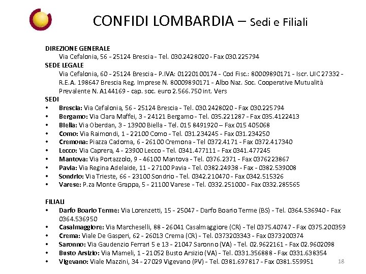 CONFIDI LOMBARDIA – Sedi e Filiali DIREZIONE GENERALE Via Cefalonia, 56 - 25124 Brescia