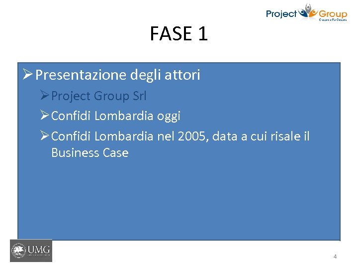 FASE 1 Ø Presentazione degli attori ØProject Group Srl ØConfidi Lombardia oggi ØConfidi Lombardia