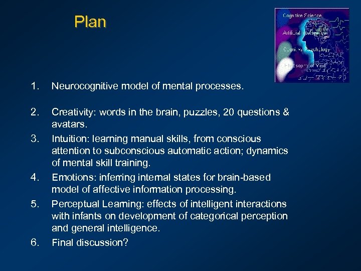 Plan 1. Neurocognitive model of mental processes. 2. Creativity: words in the brain, puzzles,