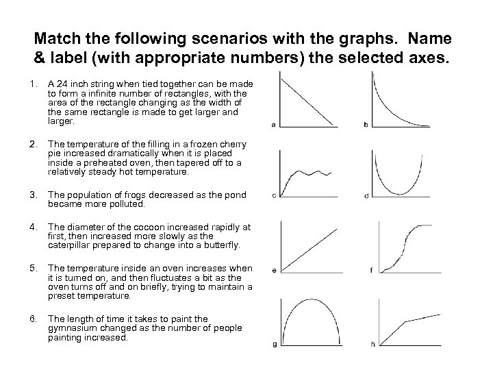 Match the following scenarios with the graphs. Name & label (with appropriate numbers) the
