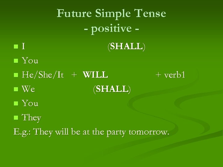 Future Simple Tense - positive I (SHALL) n You n He/She/It + WILL +