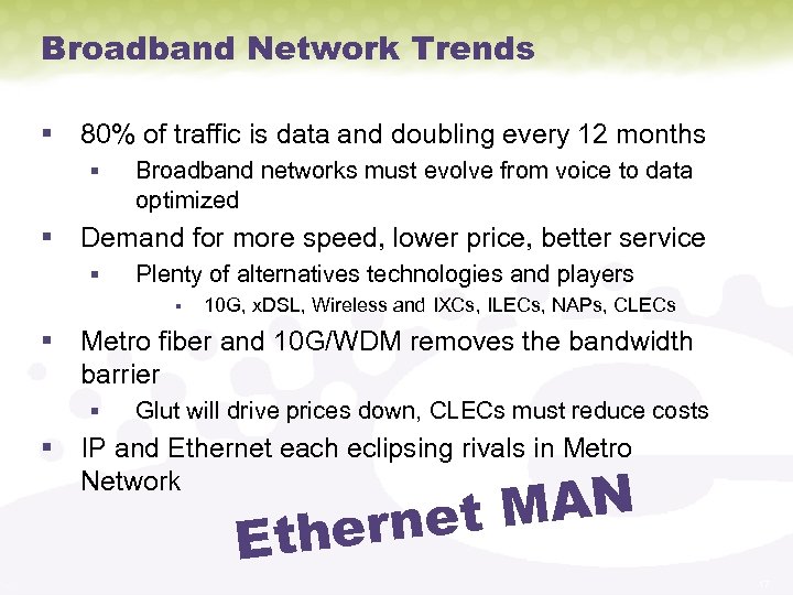 Broadband Network Trends § 80% of traffic is data and doubling every 12 months