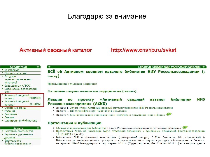 Благодарю за внимание Активный сводный каталог http: //www. cnshb. ru/svkat 