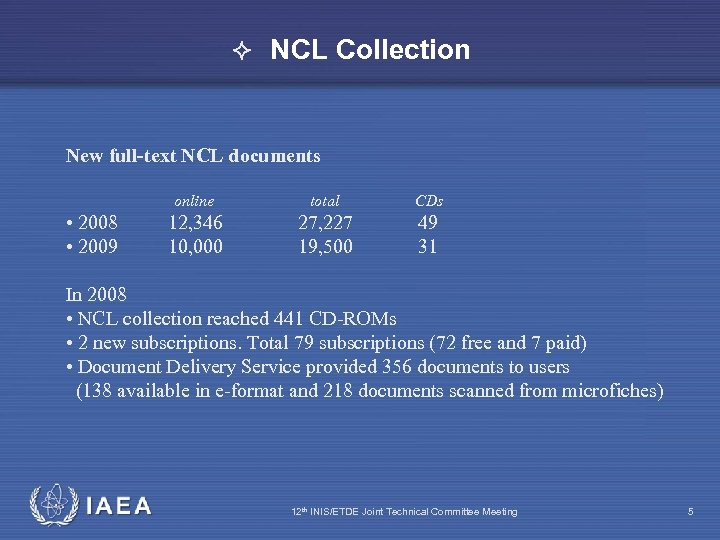  NCL Collection New full-text NCL documents online • 2008 • 2009 total CDs