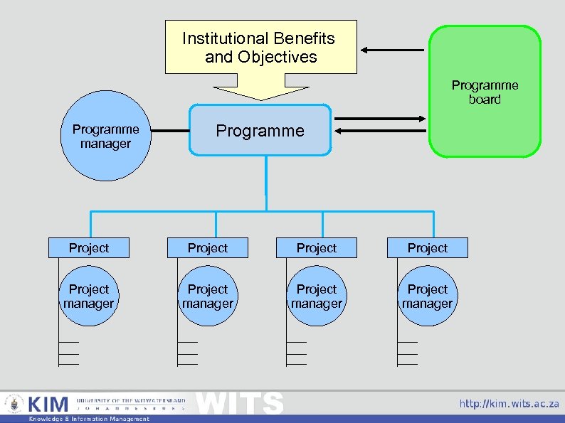 Institutional Benefits and Objectives Programme board Programme manager Programme Project Project manager 