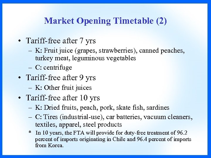 Market Opening Timetable (2) • Tariff-free after 7 yrs – K: Fruit juice (grapes,