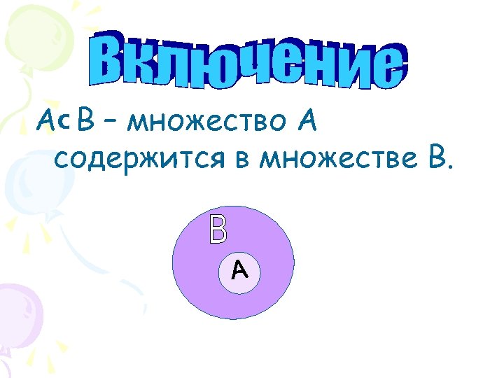  A B – множество А содержится в множестве В. כ 