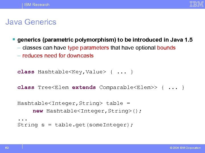 IBM Research Java Generics § generics (parametric polymorphism) to be introduced in Java 1.