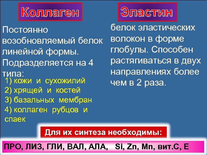 Коллаген Постоянно возобновляемый белок линейной формы. Подразделяется на 4 типа: 1) кожи и сухожилий