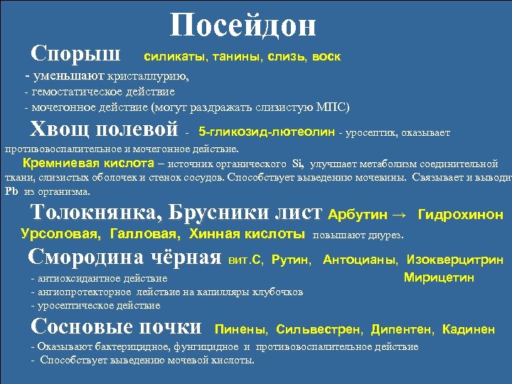 Посейдон Спорыш силикаты, танины, слизь, воск - уменьшают кристаллурию, - гемостатическое действие - мочегонное