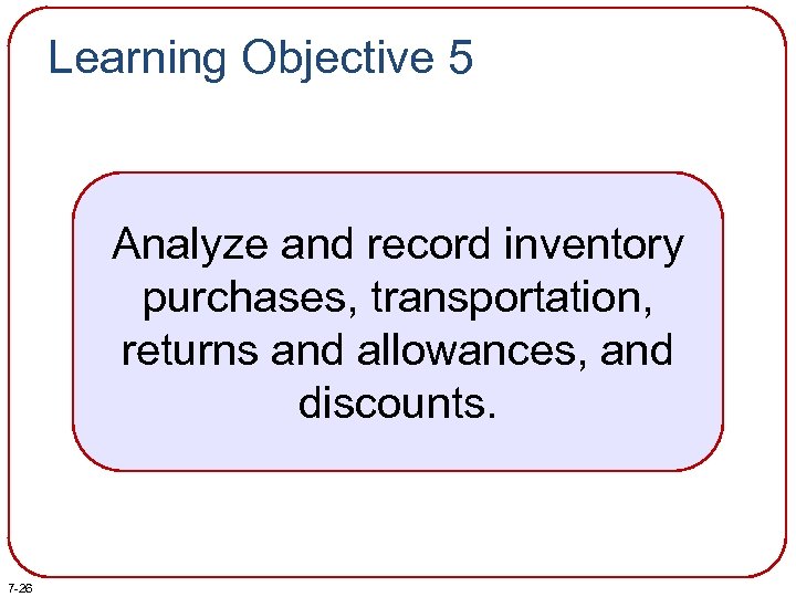 Learning Objective 5 Analyze and record inventory purchases, transportation, returns and allowances, and discounts.