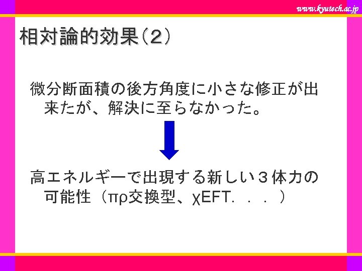 www. kyutech. ac. jp 相対論的効果（２） 微分断面積の後方角度に小さな修正が出 来たが、解決に至らなかった。 高エネルギーで出現する新しい３体力の 可能性（πρ交換型、χEFT．．．） 