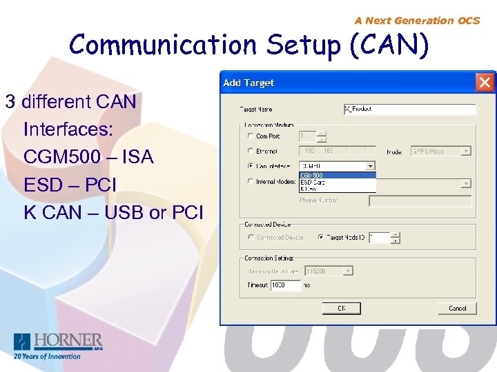 A Next Generation OCS Communication Setup (CAN) 3 different CAN Interfaces: CGM 500 –