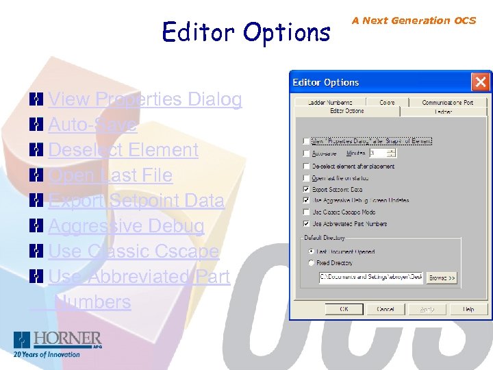 Editor Options View Properties Dialog Auto-Save Deselect Element Open Last File Export Setpoint Data