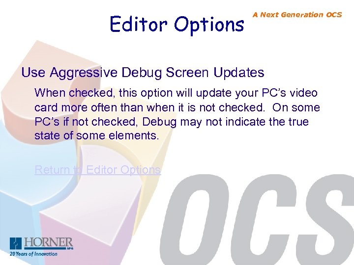 Editor Options A Next Generation OCS Use Aggressive Debug Screen Updates When checked, this