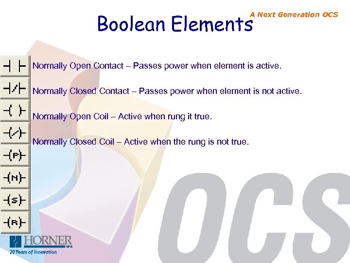Boolean Elements A Next Generation OCS Normally Open Contact – Passes power when element