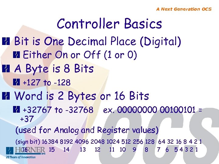 A Next Generation OCS Controller Basics Bit is One Decimal Place (Digital) Either On