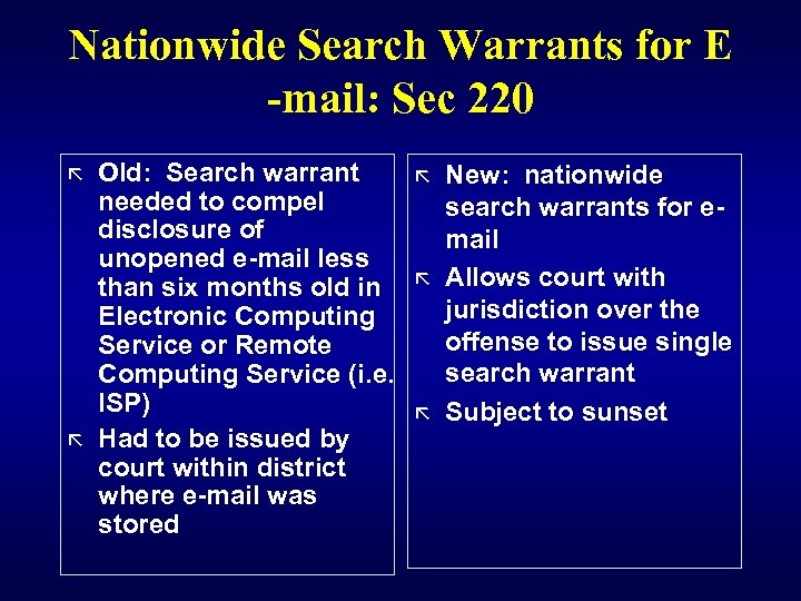 Nationwide Search Warrants for E -mail: Sec 220 ã ã Old: Search warrant needed