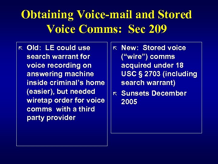 Obtaining Voice-mail and Stored Voice Comms: Sec 209 ã Old: LE could use search