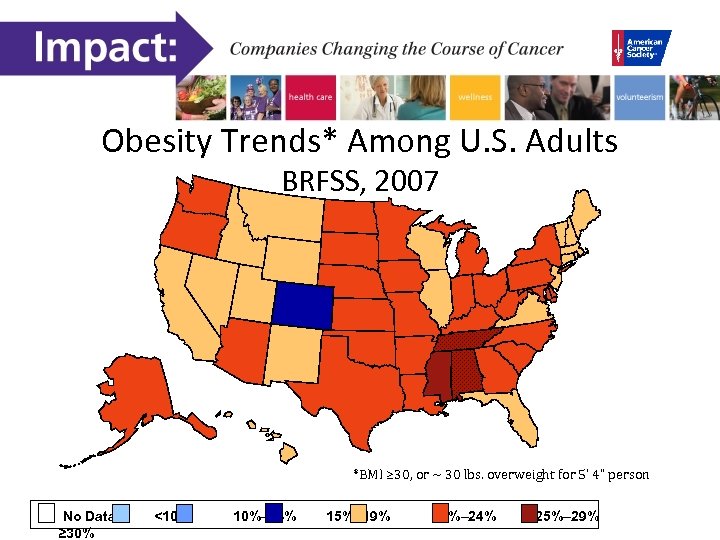 Obesity Trends* Among U. S. Adults BRFSS, 2007 *BMI ≥ 30, or ~ 30