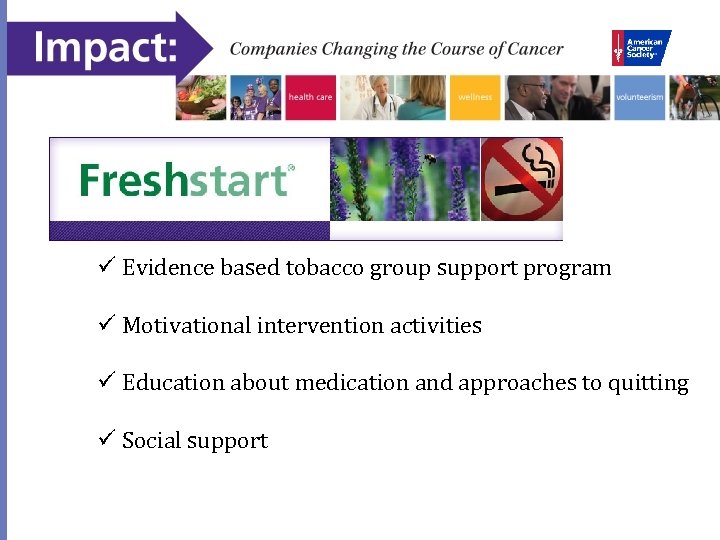 ü Evidence based tobacco group support program ü Motivational intervention activities ü Education about