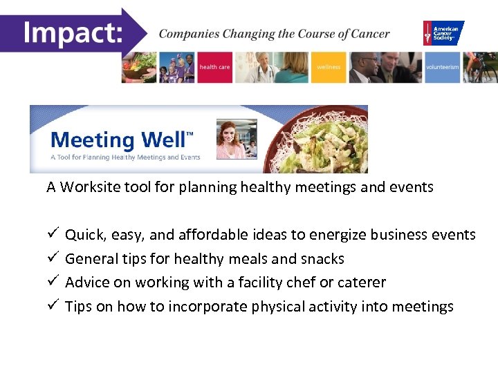 A Worksite tool for planning healthy meetings and events ü ü Quick, easy, and