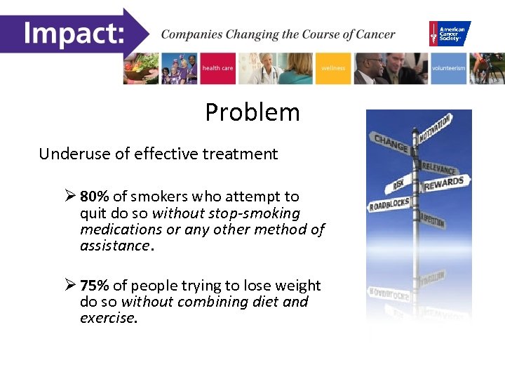 Problem Underuse of effective treatment Ø 80% of smokers who attempt to quit do