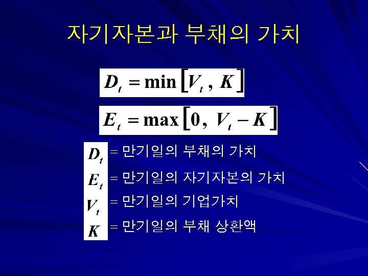 자기자본과 부채의 가치 = 만기일의 자기자본의 가치 = 만기일의 기업가치 = 만기일의 부채 상환액