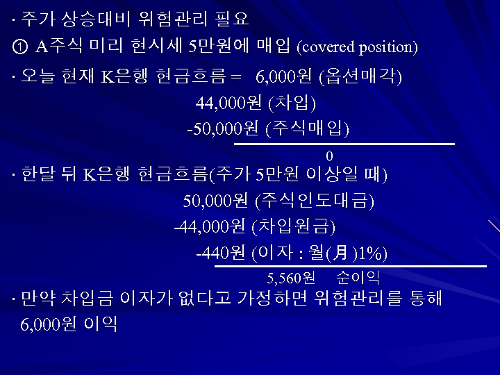 ∙ 주가 상승대비 위험관리 필요 ① A주식 미리 현시세 5만원에 매입 (covered position) ∙
