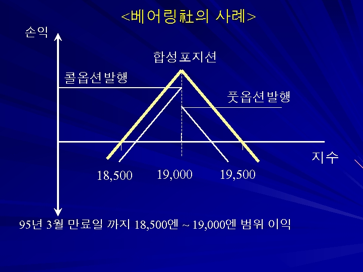 <베어링社의 사례> 손익 합성포지션 콜옵션발행 풋옵션발행 지수 18, 500 19, 000 19, 500 95년