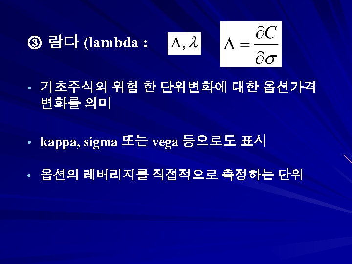 ③ 람다 (lambda : ) • 기초주식의 위험 한 단위변화에 대한 옵션가격 변화를 의미