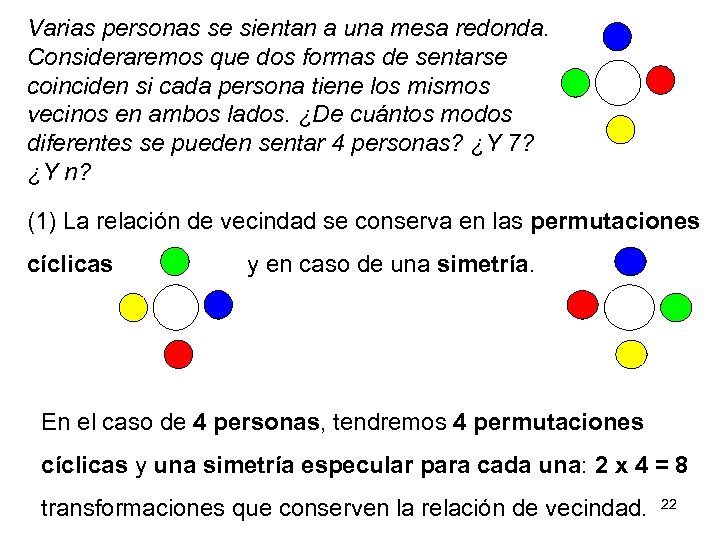 Varias personas se sientan a una mesa redonda. Consideraremos que dos formas de sentarse