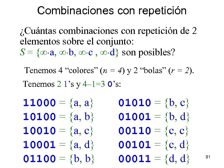 Combinaciones con repetición ¿Cuántas combinaciones con repetición de 2 elementos sobre el conjunto: S