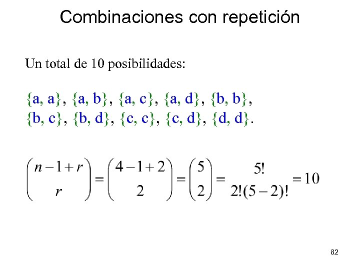 Combinaciones con repetición Un total de 10 posibilidades: {a, a}, {a, b}, {a, c},