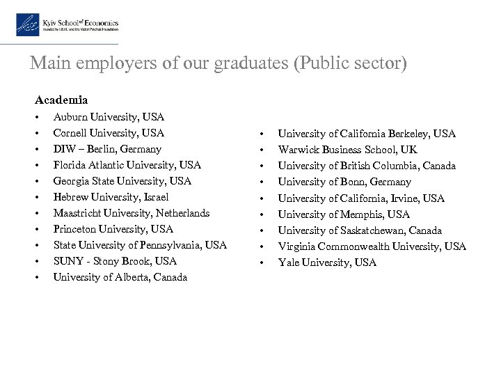 Main employers of our graduates (Public sector) Academia • • • Auburn University, USA