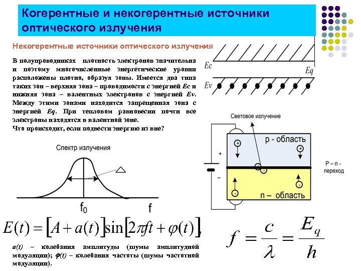 Когерентные и некогерентные источники оптического излучения Некогерентные источники оптического излучения В полупроводниках плотность электронов