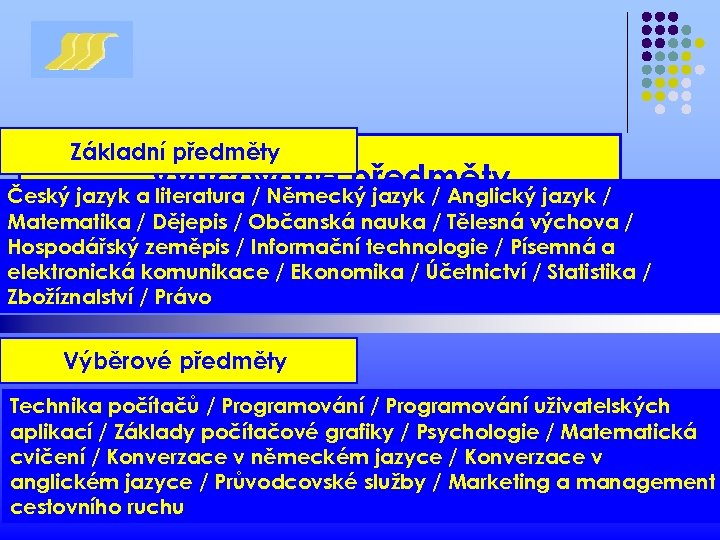 Základní předměty Vyučované předměty Český jazyk a literatura / Německý jazyk / Anglický jazyk