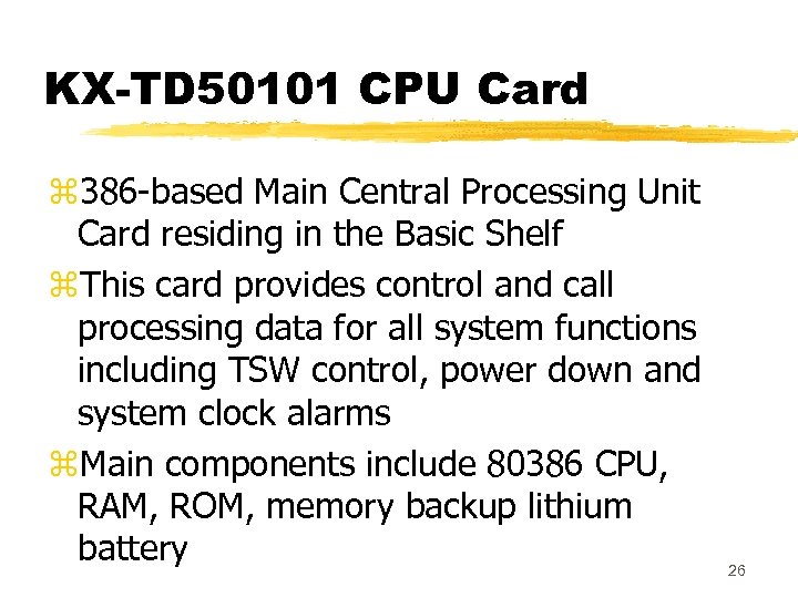 KX-TD 50101 CPU Card z 386 -based Main Central Processing Unit Card residing in