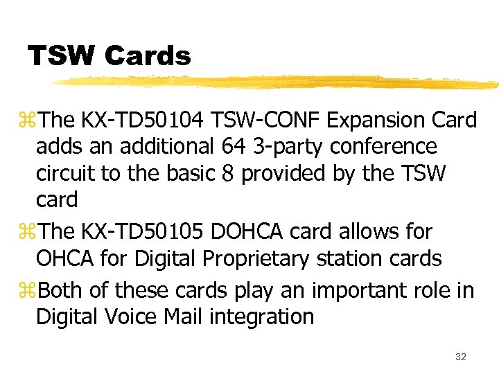 TSW Cards z. The KX-TD 50104 TSW-CONF Expansion Card adds an additional 64 3