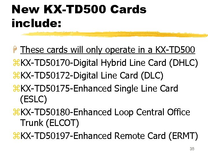 New KX-TD 500 Cards include: H These cards will only operate in a KX-TD