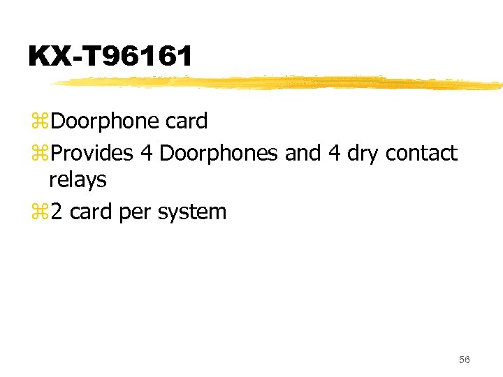 KX-T 96161 z. Doorphone card z. Provides 4 Doorphones and 4 dry contact relays