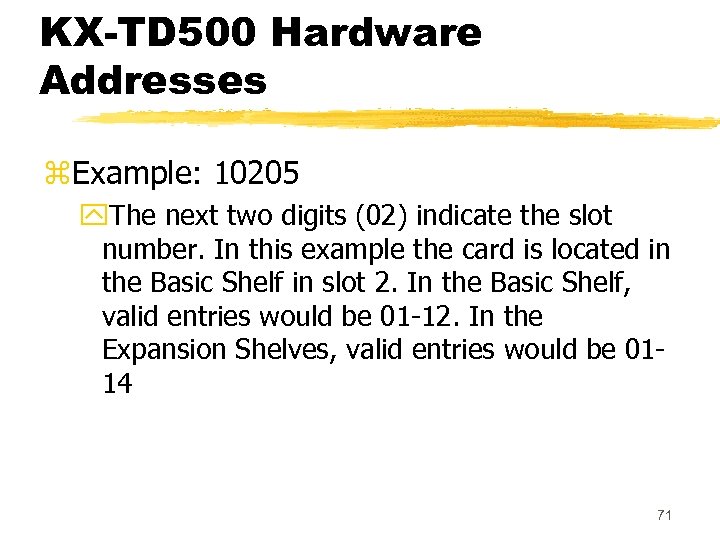KX-TD 500 Hardware Addresses z. Example: 10205 y. The next two digits (02) indicate