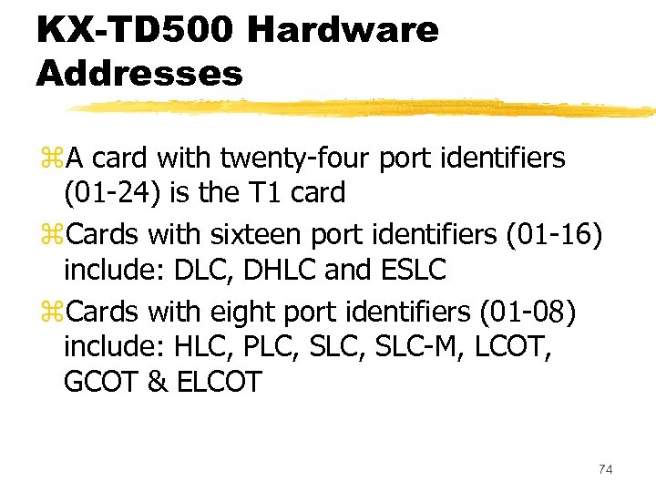 KX-TD 500 Hardware Addresses z. A card with twenty-four port identifiers (01 -24) is