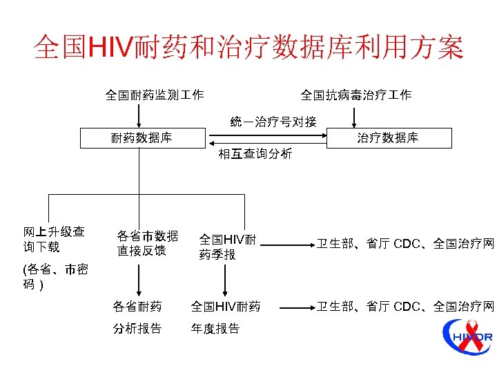 全国HIV耐药和治疗数据库利用方案 全国耐药监测 作 全国抗病毒治疗 作 统一治疗号对接 耐药数据库 治疗数据库 相互查询分析 网上升级查 询下载 各省市数据 直接反馈 全国HIV耐