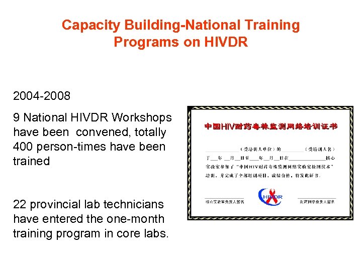 Capacity Building-National Training Programs on HIVDR 2004 -2008 9 National HIVDR Workshops have been