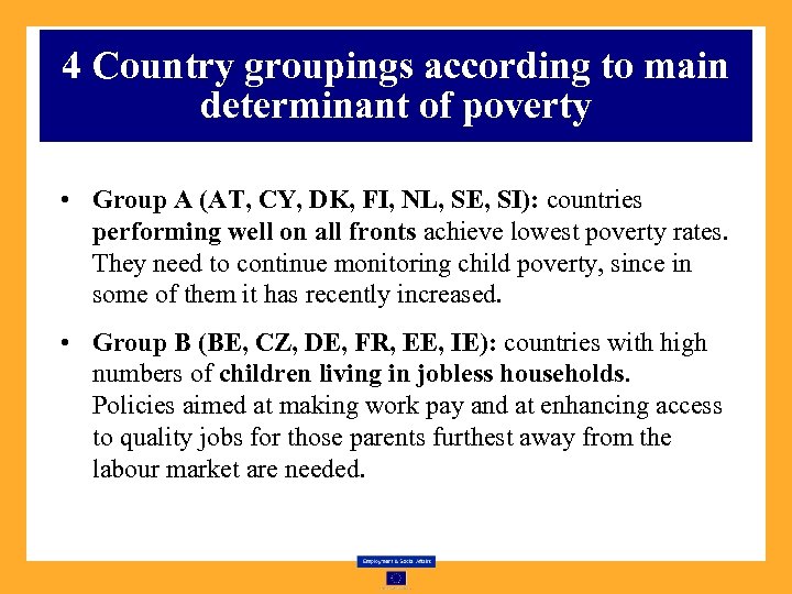 4 Country groupings according to main determinant of poverty • Group A (AT, CY,