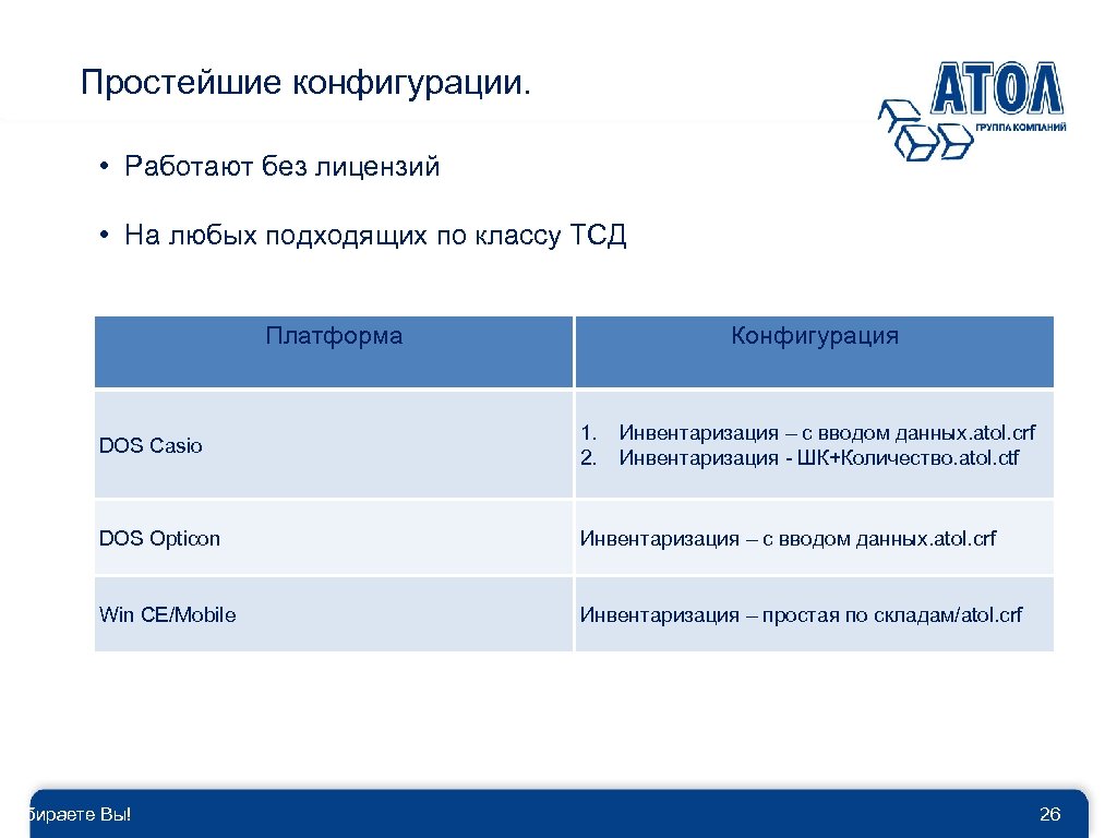 Простейшие конфигурации. • Работают без лицензий • На любых подходящих по классу ТСД Платформа